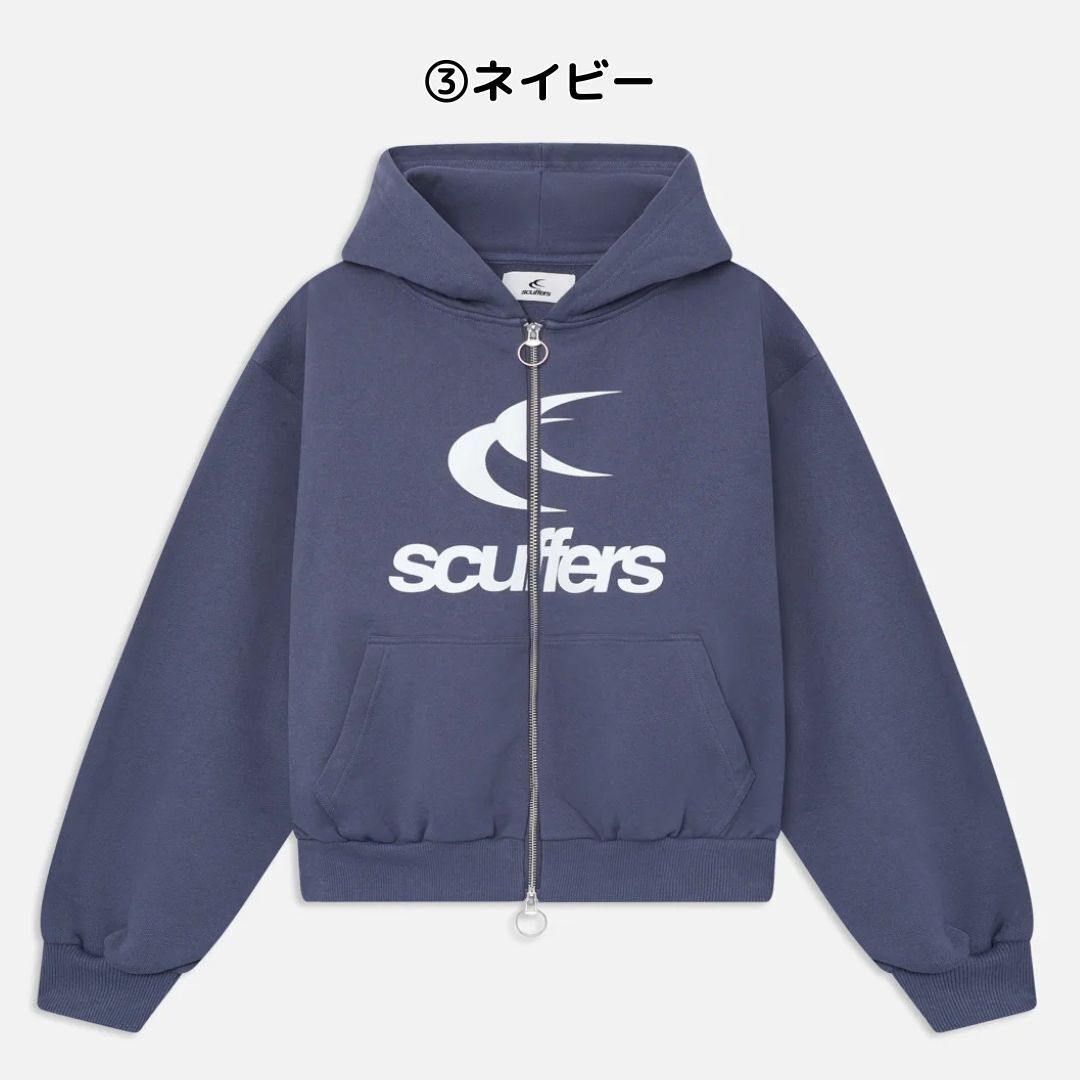 Scuffers｜ジップアップ フーディー ロゴ入り 男女兼用 ショート