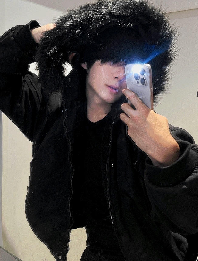 COSYHARU】Deep Black Semi-Crop Fur + SIL Winter Jumper JK