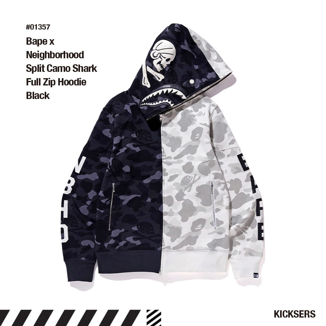 人気！Bape x Neighborhood Split Camo Shark Full Zip Hoodie (A