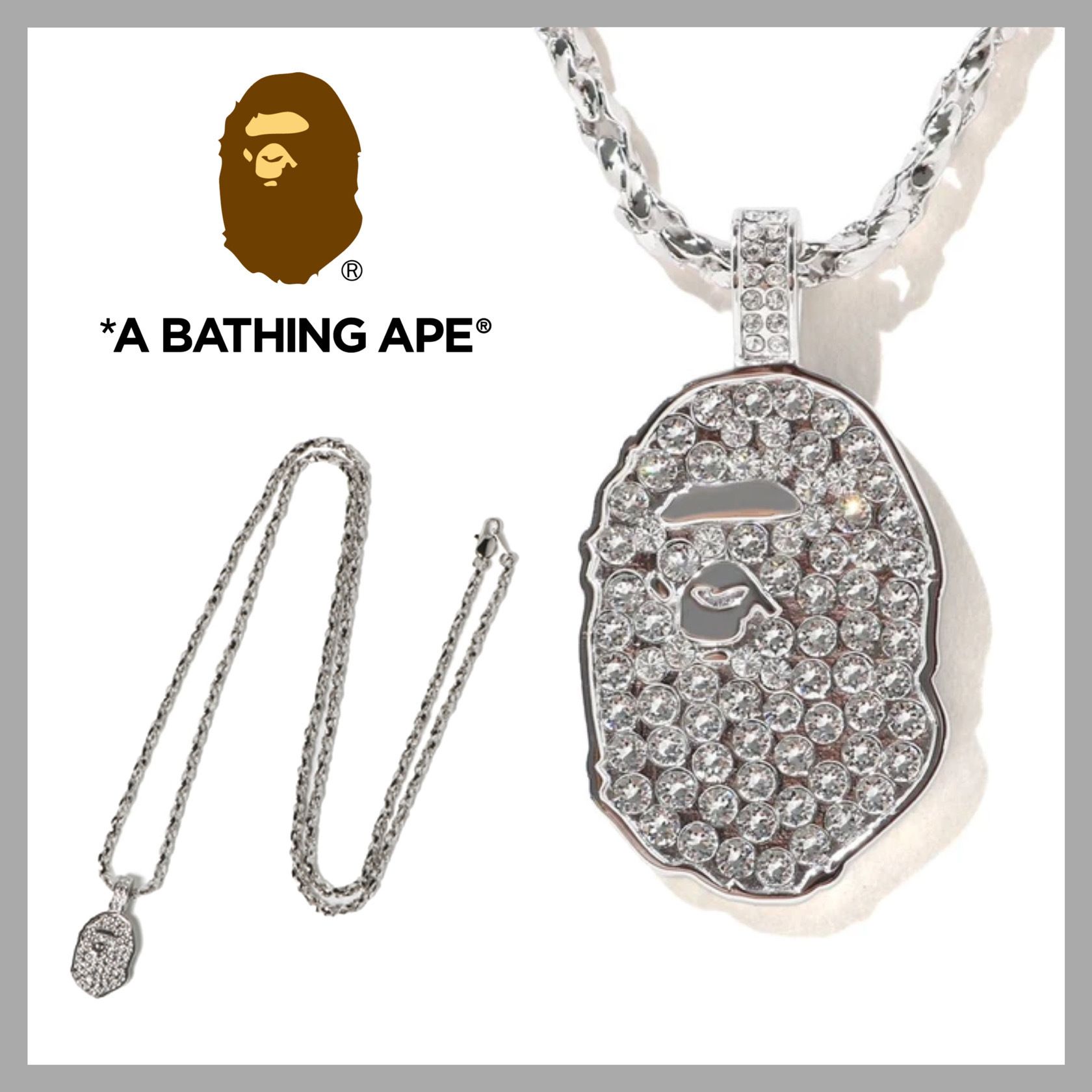 BAPE ラインストーン ヘッドモチーフ ネックレス シルバー (A BATHING