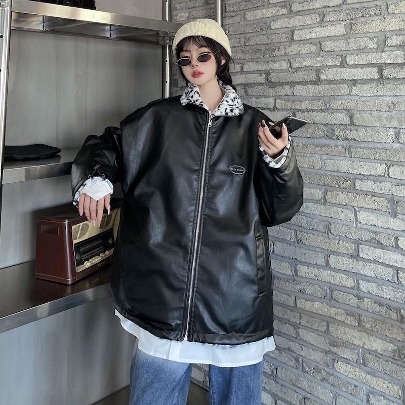 ヒョウ柄 エコレザー ジャケット リバーシブル ユニセックス 2色