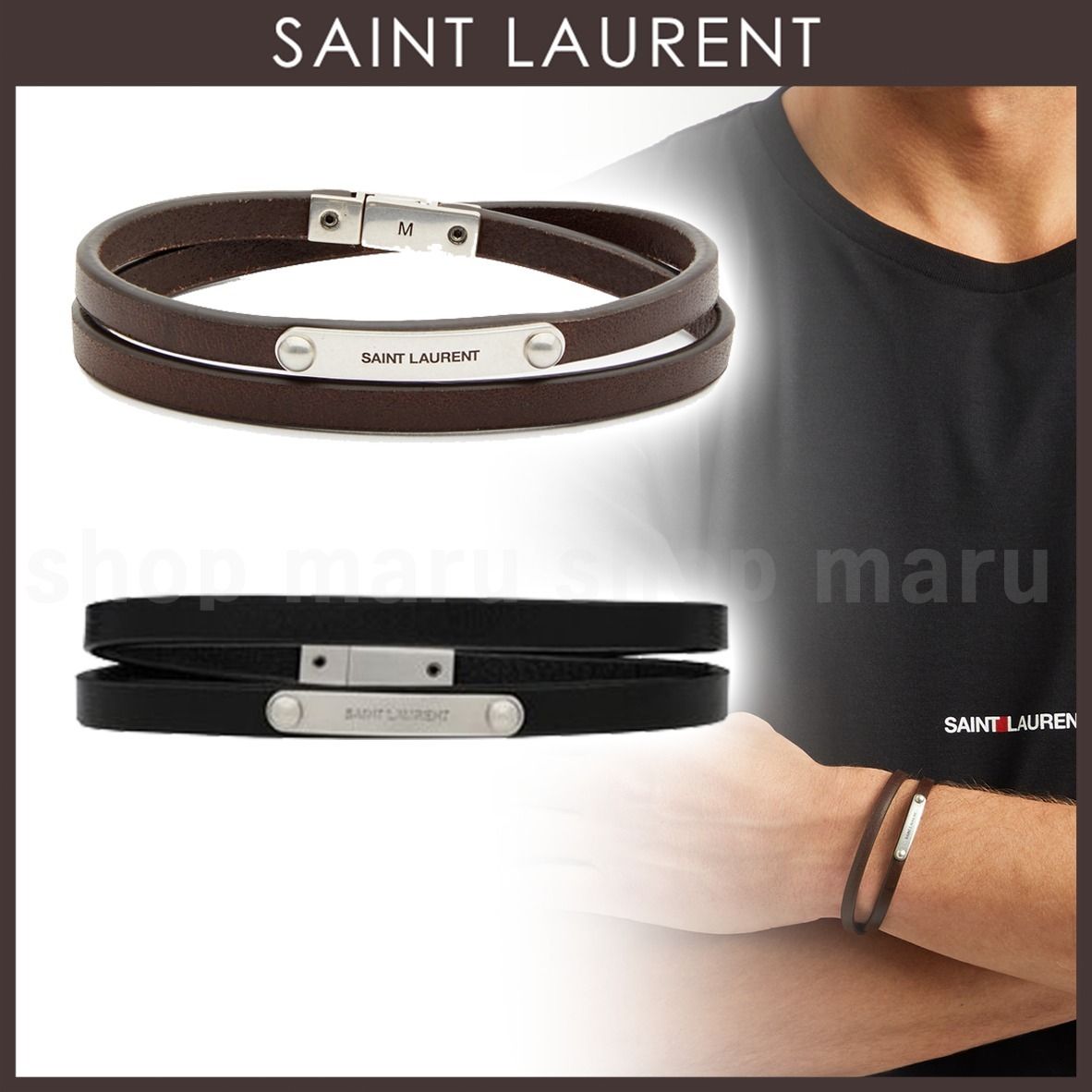 SAINT LAURENT◇レザーとメタルのダブルラップ ID ブレスレット (Saint