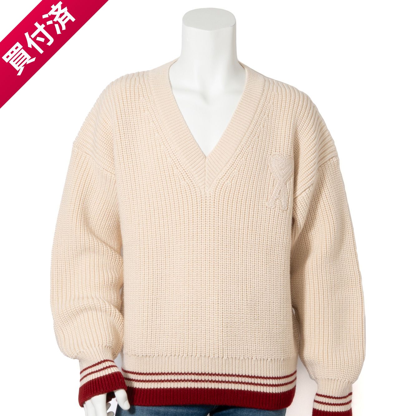 国内即発】AMI Paris WHITE CREAM Ribbed V Neck Sweater (AMI PARIS