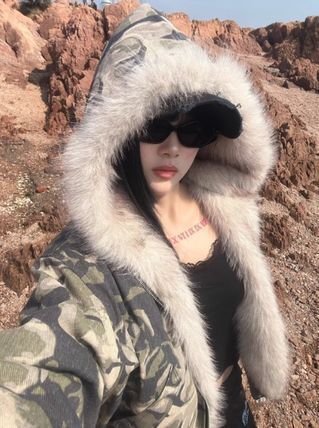 迷彩 ファー ジャケット パーカー フーディ フェイクファー Y2K