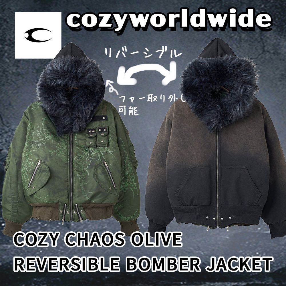 COZY WORLDWIDE】COZY CHAOS OLIVE REVERSIBLE BOMBER JACKET (COZY