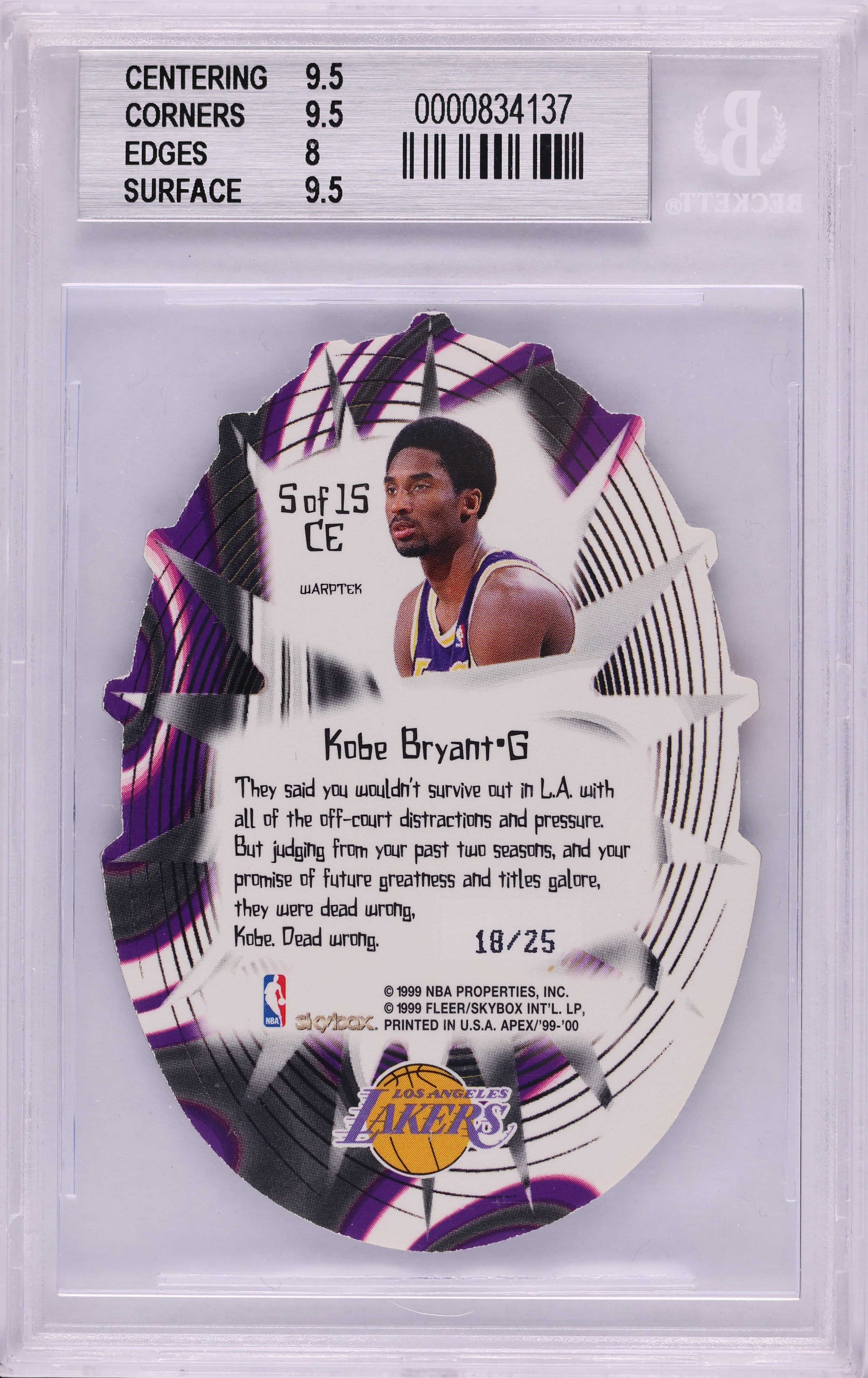 1999 Skybox Apex Cutting Edge Warp Tek Kobe Bryant /25 #5 BGS 9