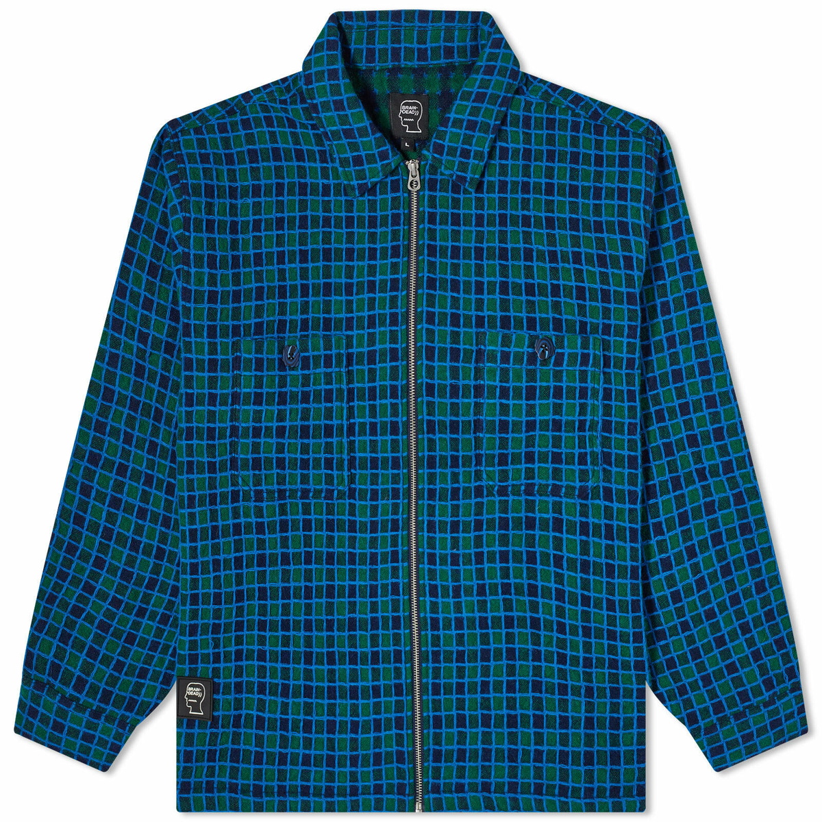 Brain Dead Men's Check Mate Flannel Zip Shirt Jacket in Navy Brain