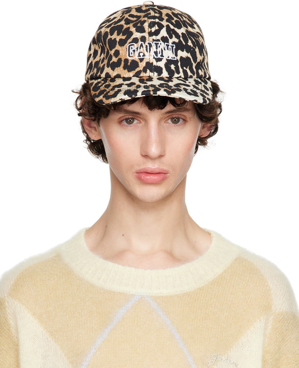 GANNI Beige & Black Leopard Embroidered Logo Cap GANNI
