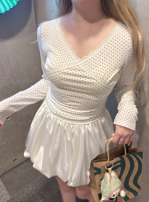 ドット柄Vネックレーストップス[an1833] | レディースファッション通販