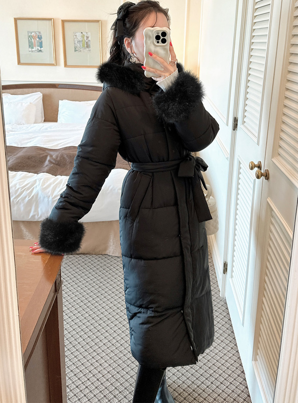 リボンベルト付きファーフードロングダウンコート[kd56] | レディース