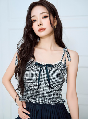フリージアチェック柄リボンレースキャミソール[tg838] | レディース