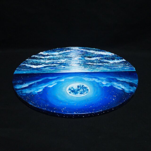 油絵 油彩 油彩画 絵 絵画 【青い満月と輝く海】 油絵 油彩 油彩画 絵