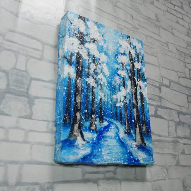油絵 原画 油彩画 絵画 「白銀の森の小道」 冬 景色 風景画 インテリア