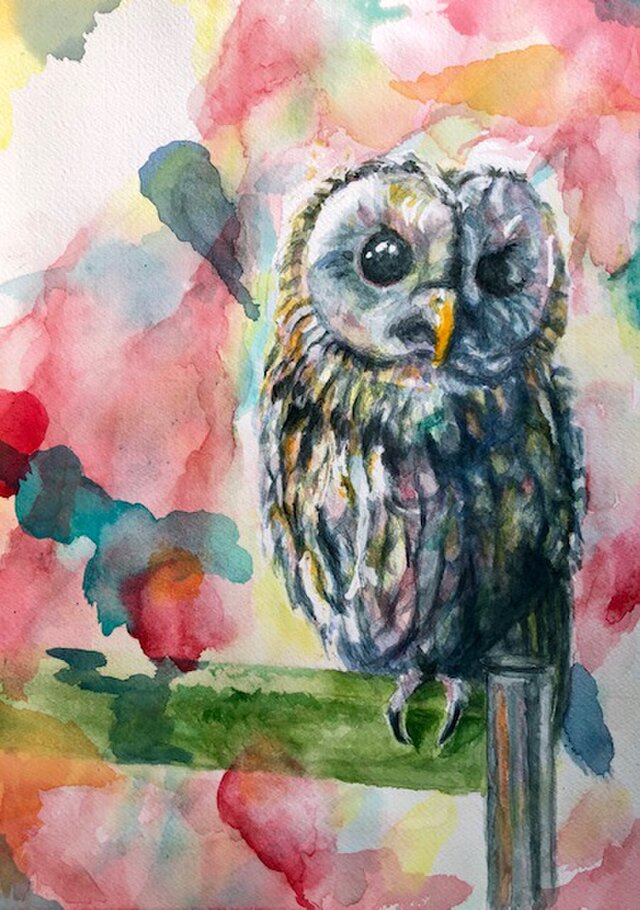 水彩画 『梟』 | iichi 日々の暮らしを心地よくするハンドメイドや