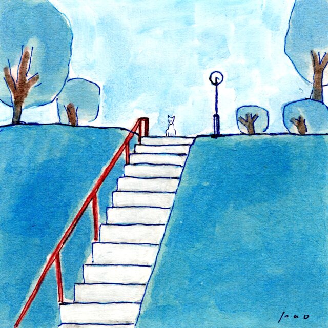 夕方の公園で」 原画 ※木製額縁入り（18㎝角）一点物 水彩 イラスト