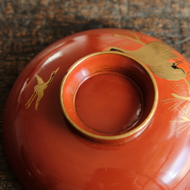 朱色に金の鶴と松◇古輪島塗 漆芸蓋付碗 漆器 骨董・antiques 古民家
