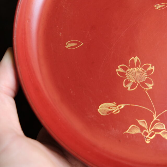 草花と月◇古輪島塗 花月文漆芸沈金中皿 漆器 骨董/antiques 古民家