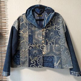 古布リメイク 幟旗の柿渋染ミニフードジャケット 古布 着物リメイク