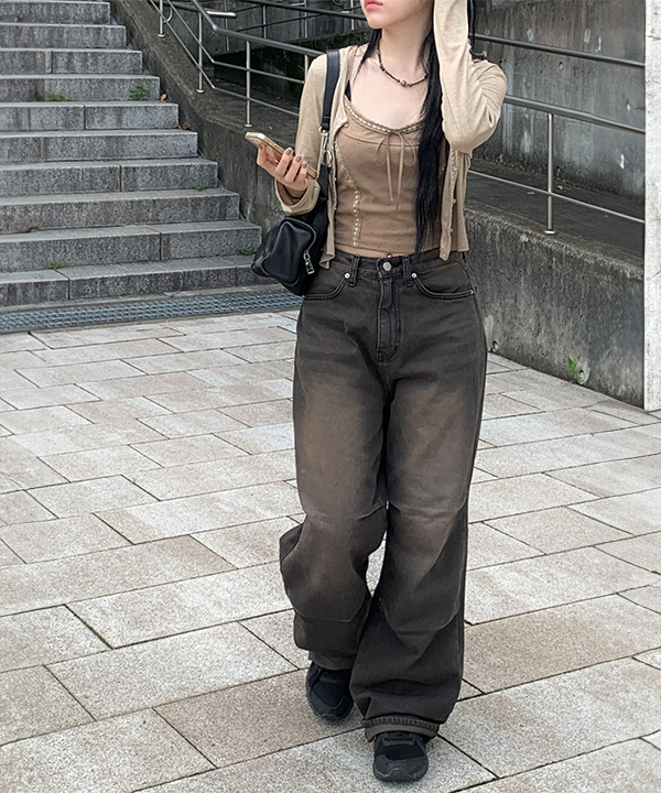 膝ダーツウォッシングブラウンワイドデニムパンツ | ファッション通販