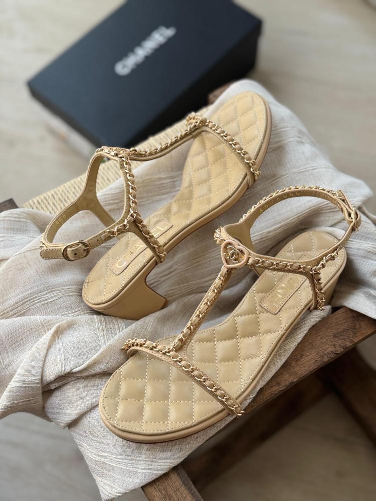 Chanel Beige Mid-Heel Sandal with Gold Chain - E-SEVEN STORE
