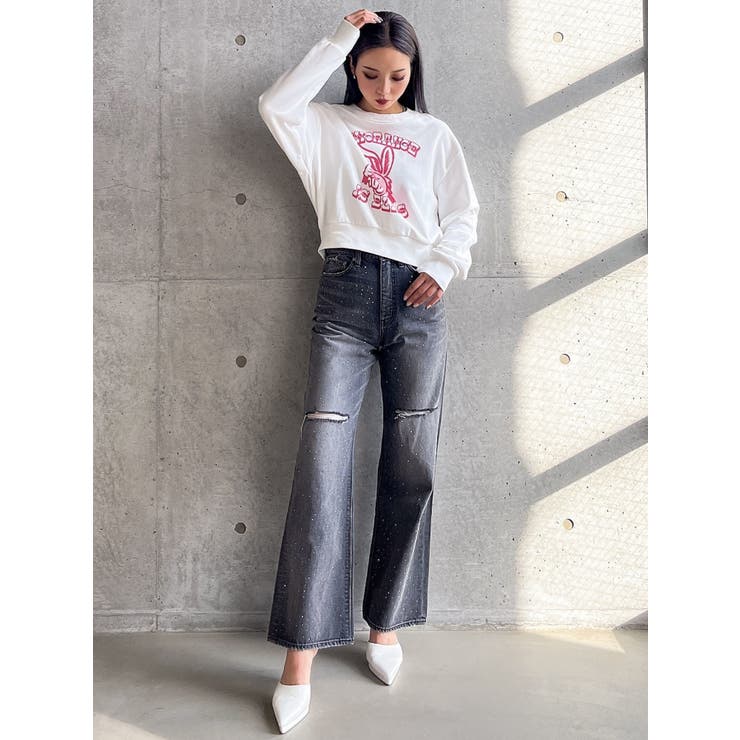 ハイウエストKNEEダメージbijouワイドデニムパンツ[品番：MKSW0062101