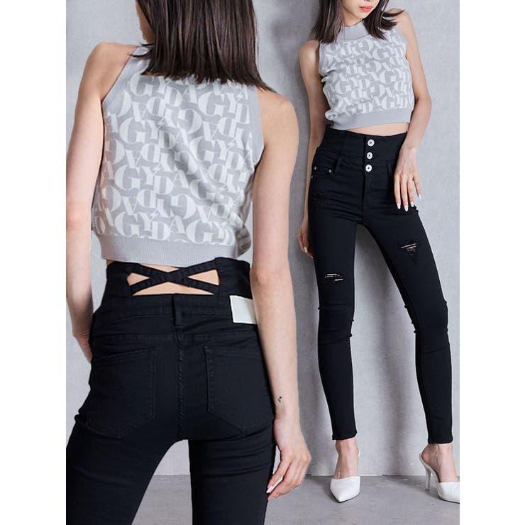 ハイウエストバッククロスダメージスキニーデニムパンツ[品番