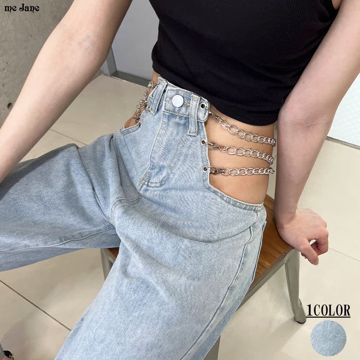 サイドカットアウトチェーン付デニムストレートパンツ 春 韓国トップス