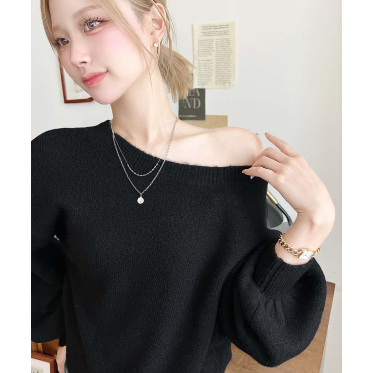 ショート丈ワンショルダーミックスニットプルオーバー[品番