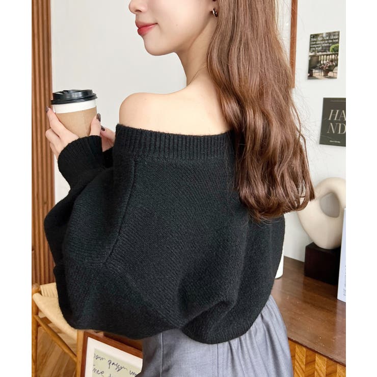 ショート丈ワンショルダーミックスニットプルオーバー[品番