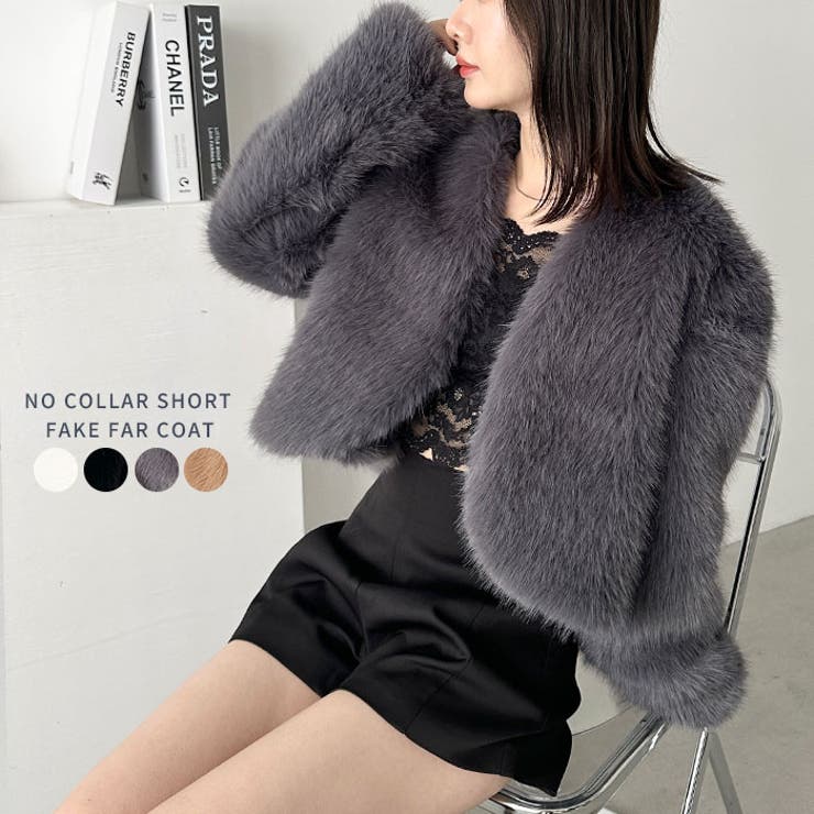 ノーカラーショートフェイクファーコート[品番：OUTW0000163