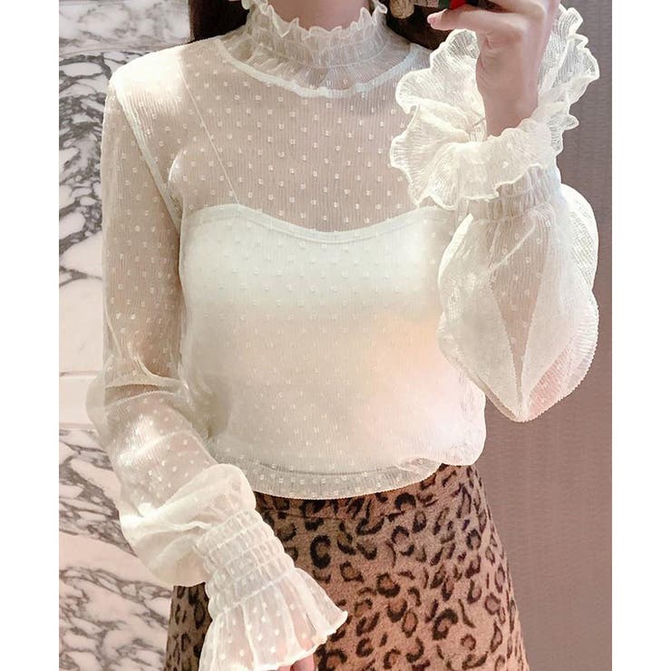 フリル レースシアーブラウス シャーリングタートルネック[品番