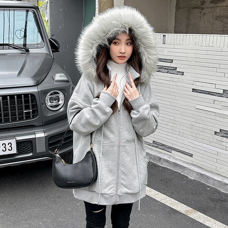 パーカー オーバーサイズ ファー付きジップアップパーカー[品番