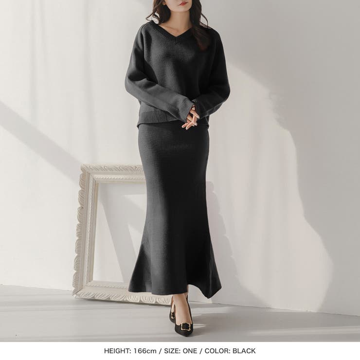 2点セット・Vネックニットマーメイドスカートセットアップ/23522[品番