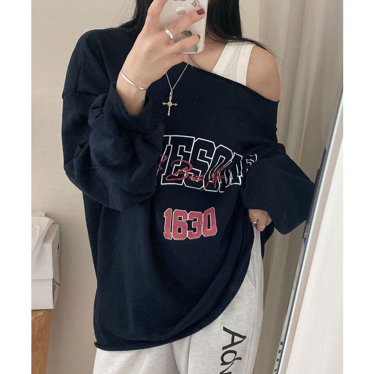 春オーバーサイズロゴ入り長袖トップス レディース Y2K[品番