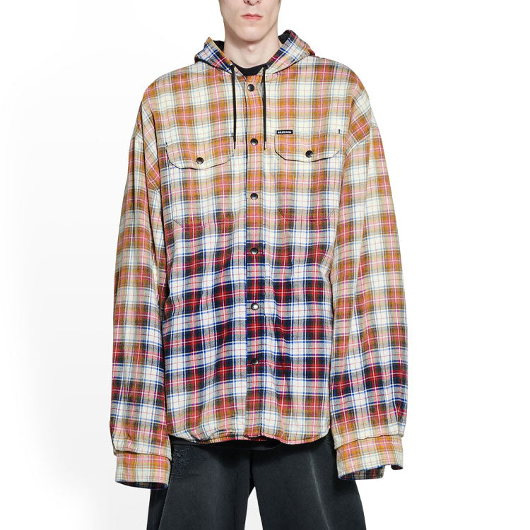 Balenciaga Bleached Plaid Long Sleeve Hooded Shirt 'Red White