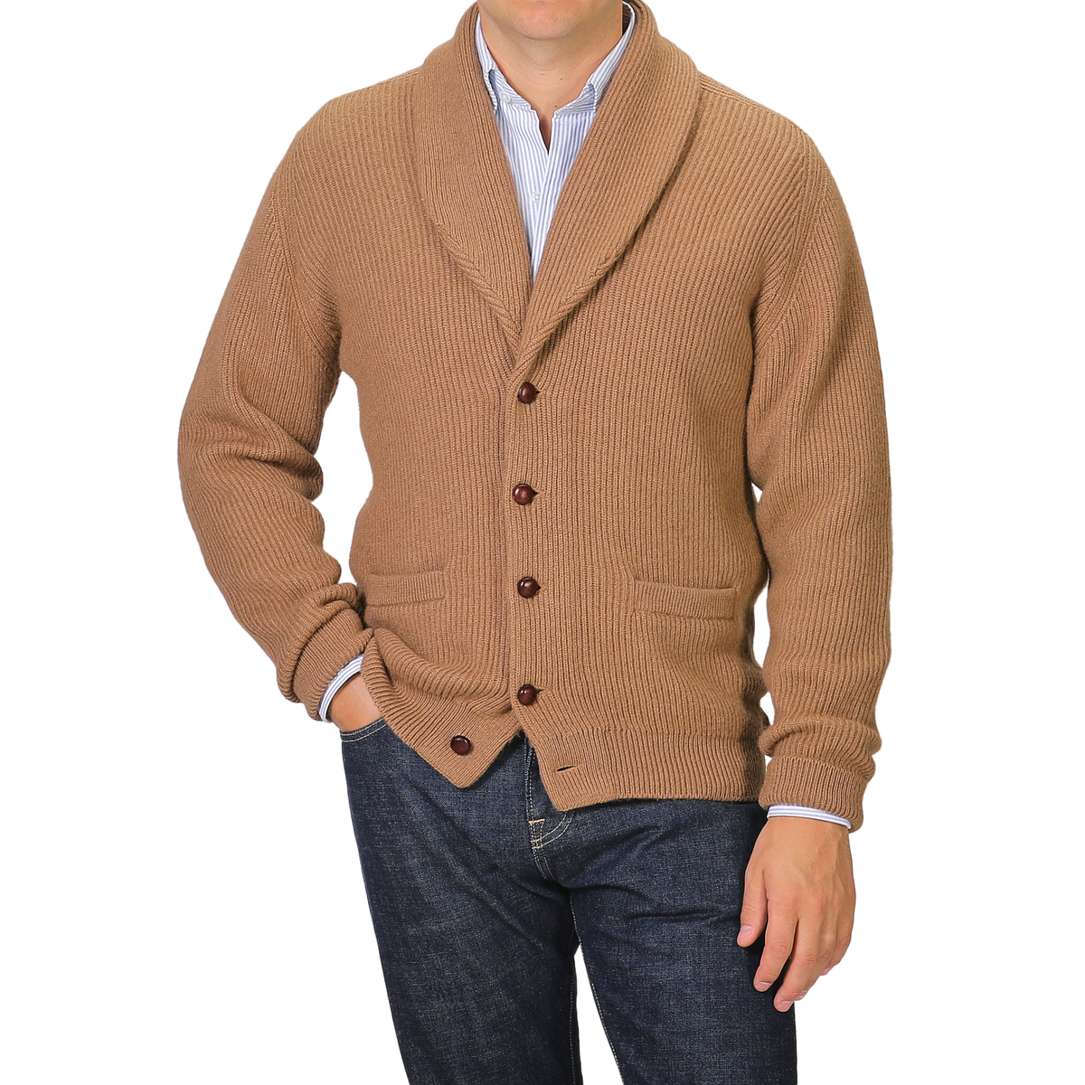 William Lockie | Brown Camel Hair Shawl Collar Cardigan | Fine