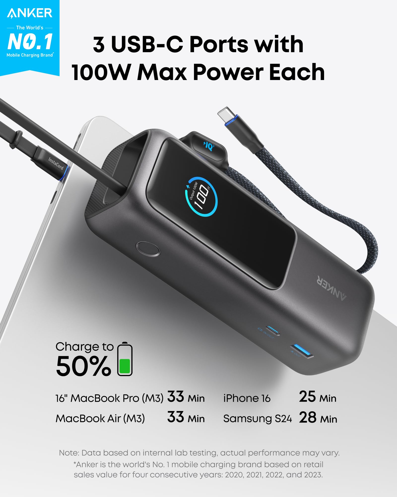 Get Anker 25K Laptop Power Bank (165W, Built-In Cables) Nordics