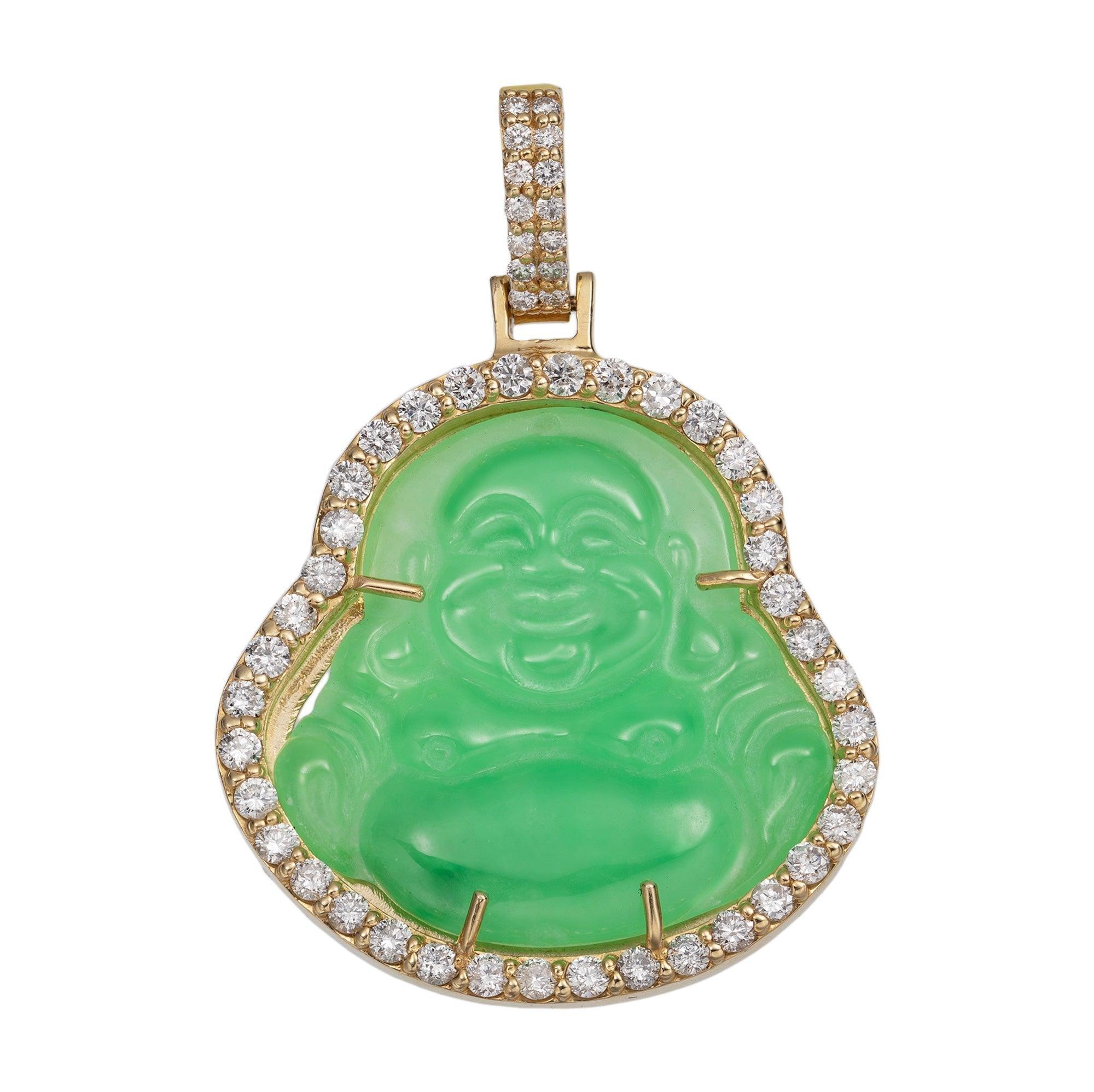 Jade Buddha Diamond Framed Pendant 14K Yellow Gold