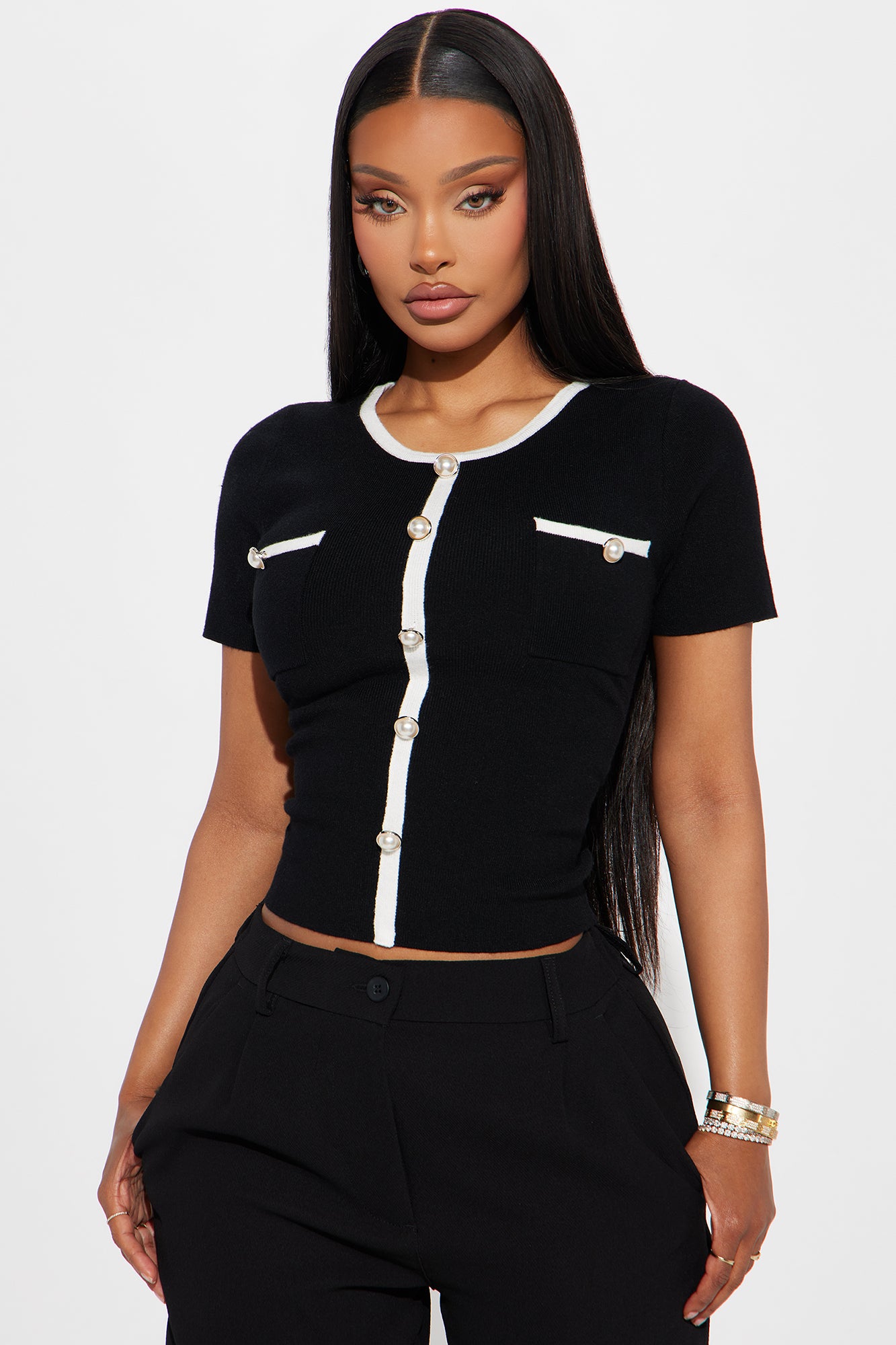 Sofia Short Sleeve Sweater Top - Black/White | Fashion Nova