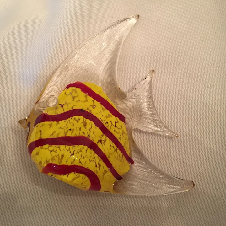 Circa 1960s Murano Art Glass Red and Yellow Fish Paper Weight. For