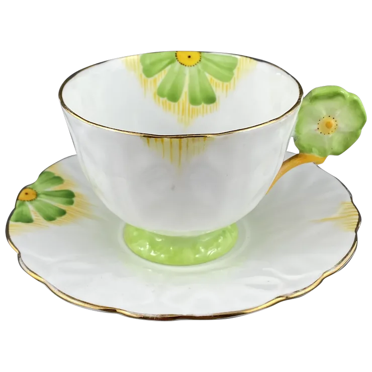 Aynsley Tea cup and Saucer Set, Green Flower Handle, England. For