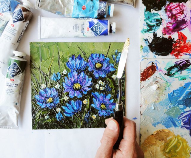 送料無料】ロシア 菊の花の絵画 オリジナルアート 小さな油絵 花の