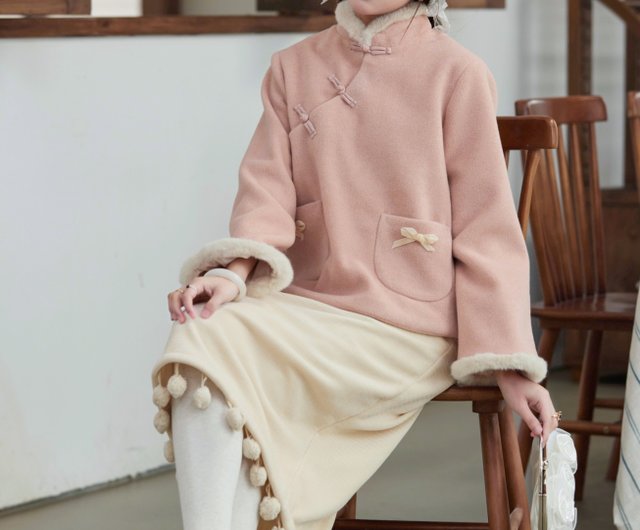 ふわふわファー付 チャイナドレス風コート / 職人ハンドメイド