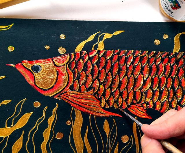 送料無料】ロシア アロワナの絵画金魚オリジナルアートドラゴン