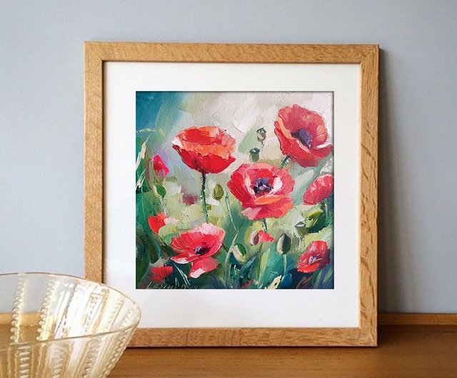 ロシア ポピー 油絵 ポピー 小さなアート 赤い花のアートワーク 花の