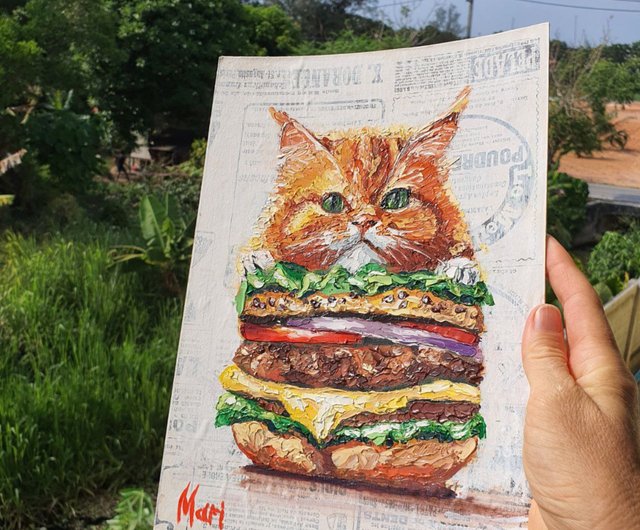 タイ ハンバーガー 猫の絵 食べ物 サンドイッチ オリジナルアート パン