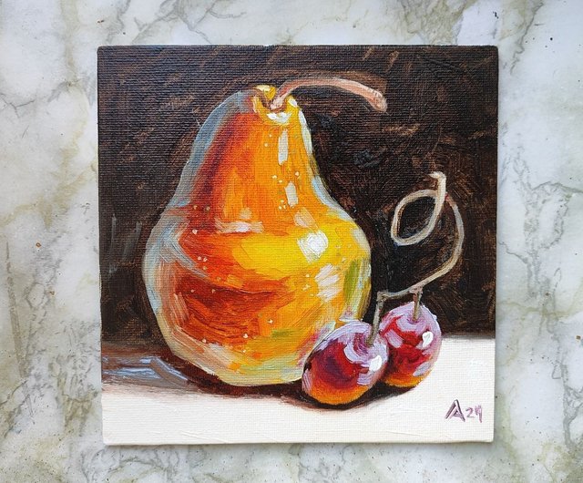 ロシア 明るい梨の絵オリジナル油絵静物画 15 × 15 cm フルーツアート