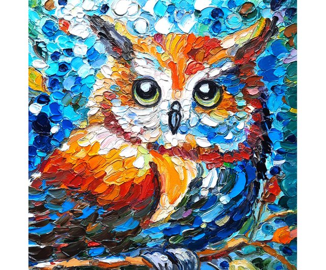 送料無料】ロシア フクロウアート鳥カラフル オリジナルアート 油絵