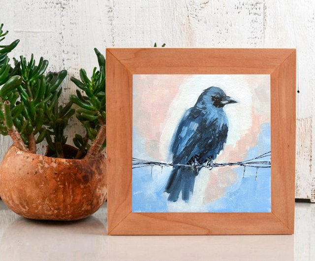 カラスの油絵◇1点物絵画◇アイヌ模様/パワーアート/真作/作者サイン