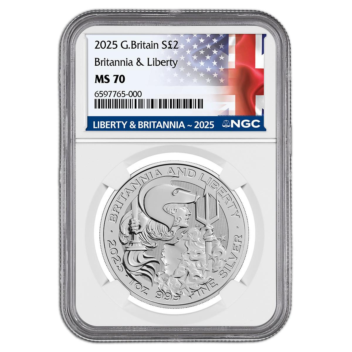 2025 1 oz Silver Britannia and Liberty NGC MS70